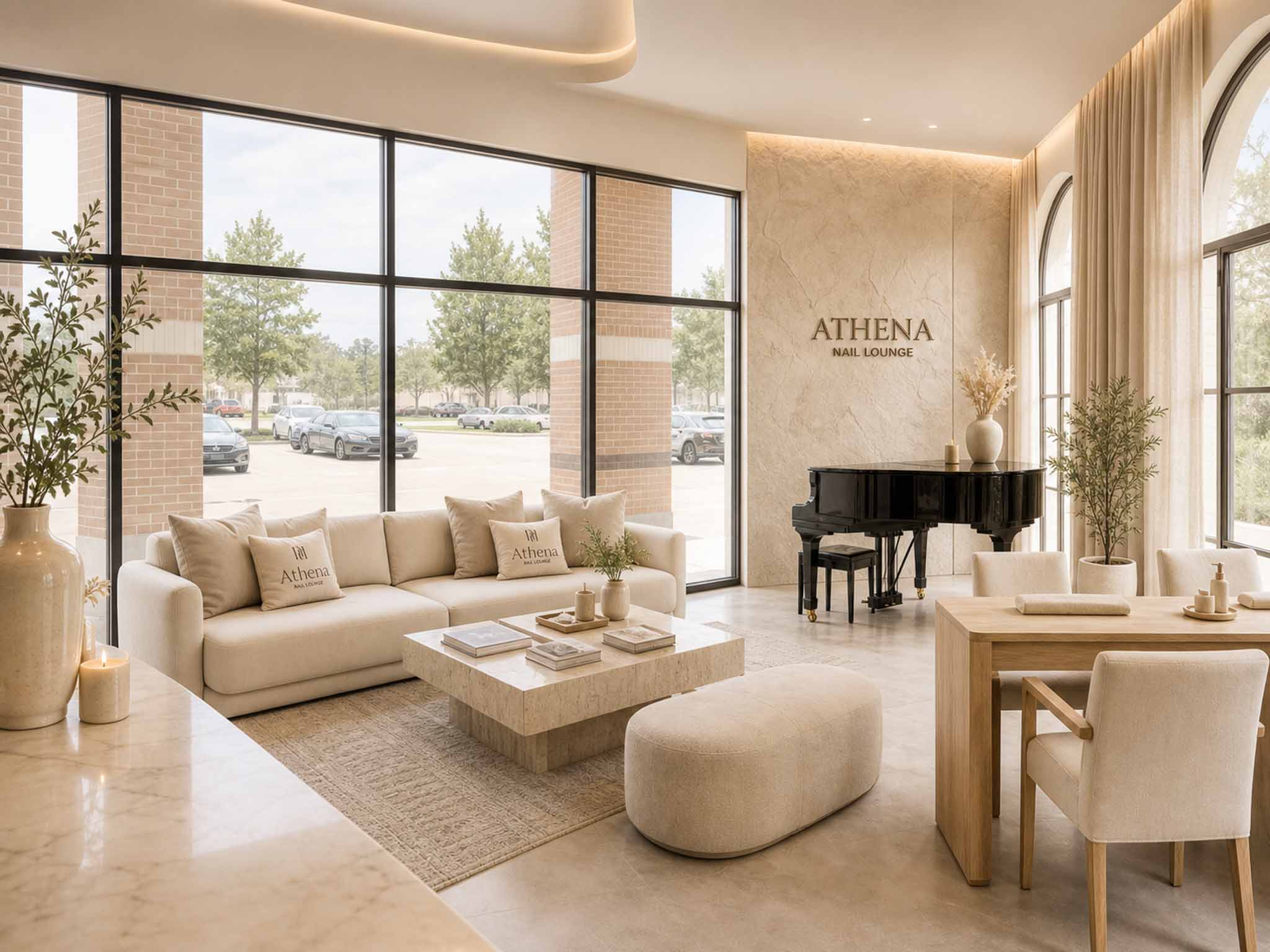Athena waiting lounge with sculptural seating and soft lighting