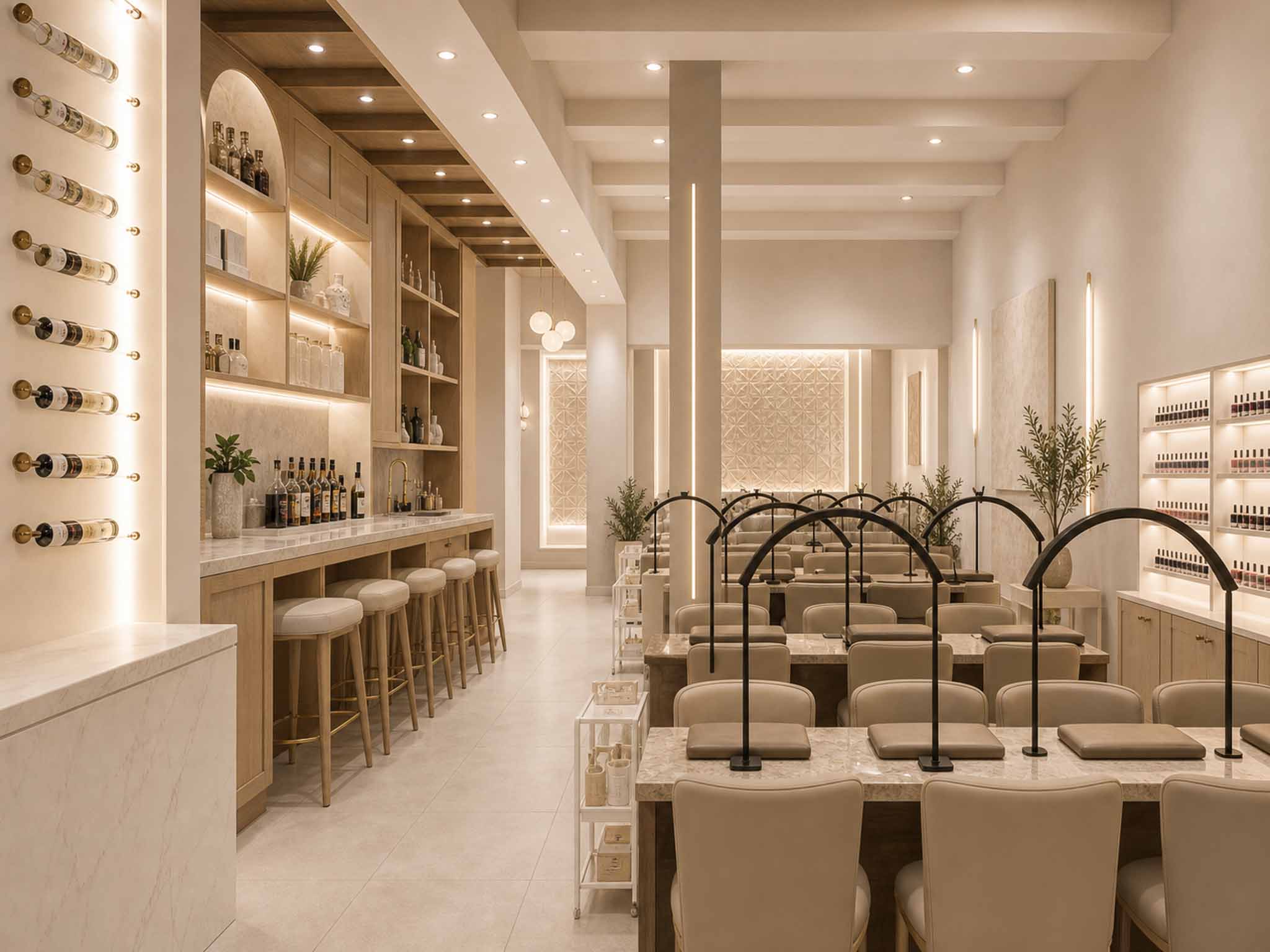 Bar and salon side view rendered in Athena's clean-luxury style
