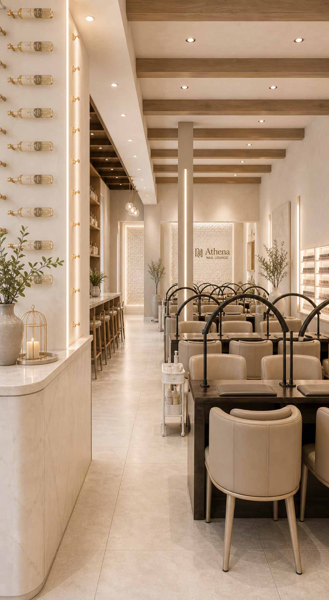 Main salon interior with manicure stations in a soft, elevated cream palette