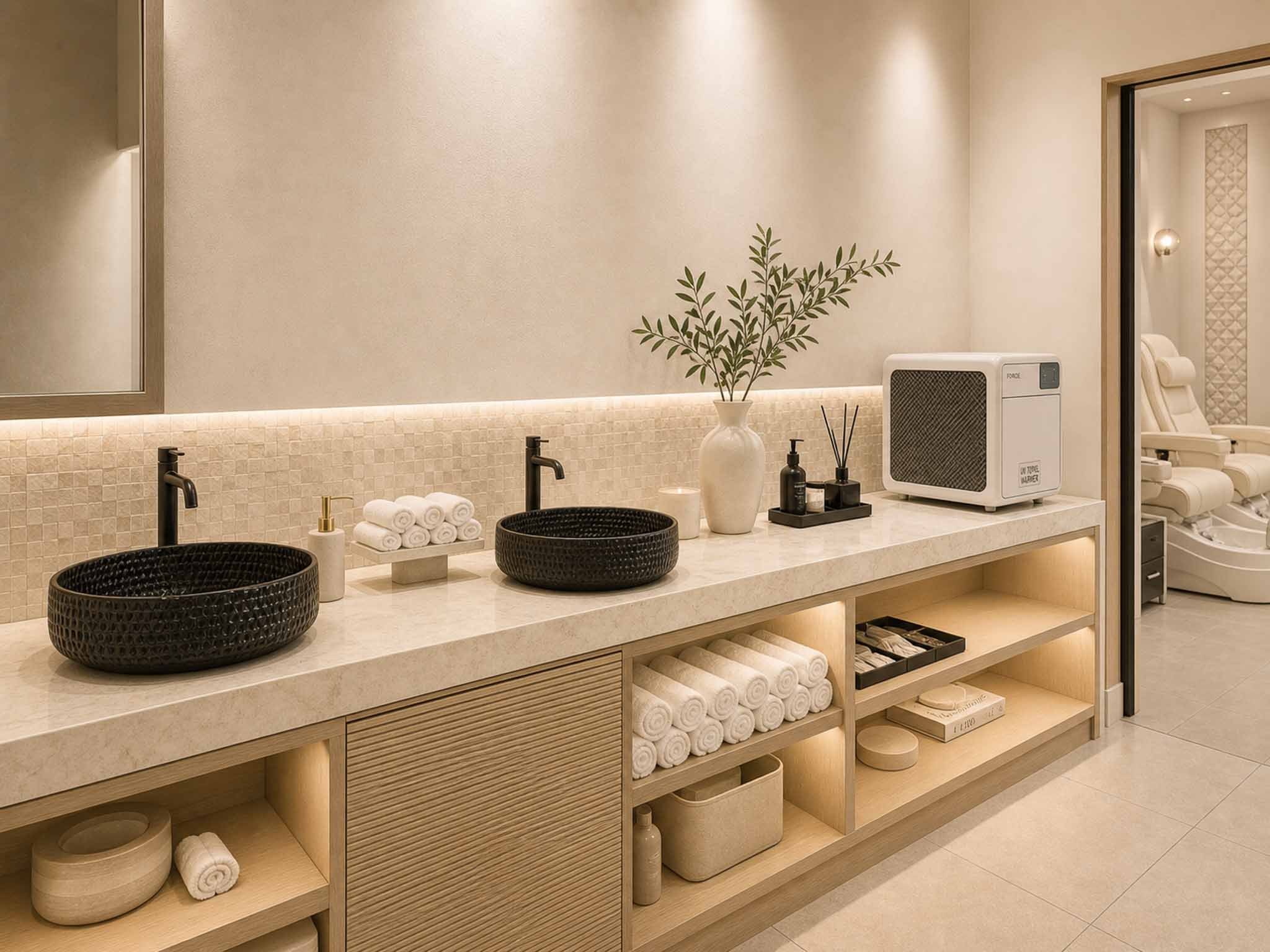 Wash and sanitation area rendered in Athena's clean-luxury style
