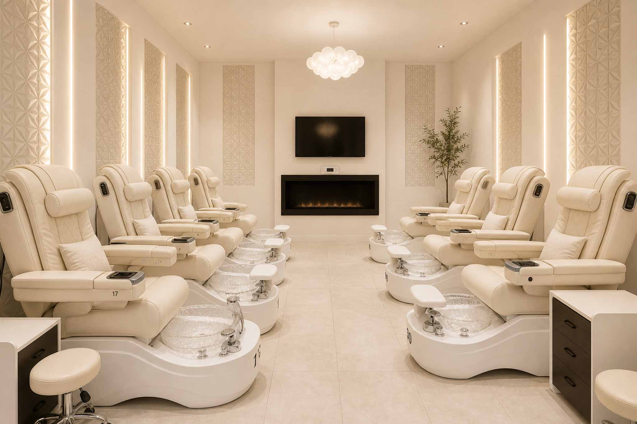 Athena pedicure lounge in a serene, bright, and softly styled interior