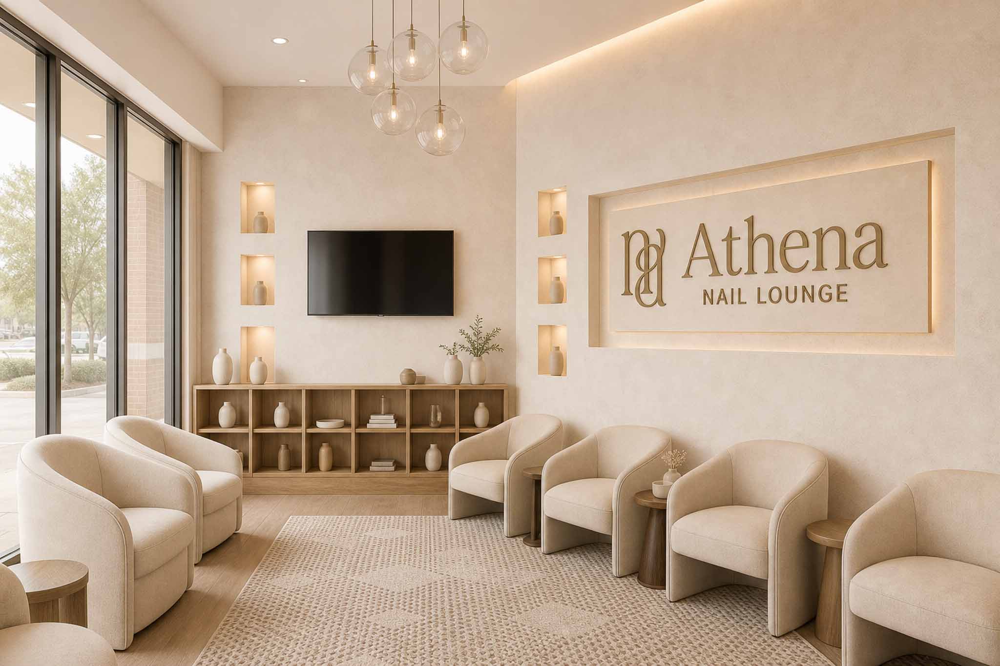 Athena Nail Lounge waiting area in a warm, refined clean-luxury style