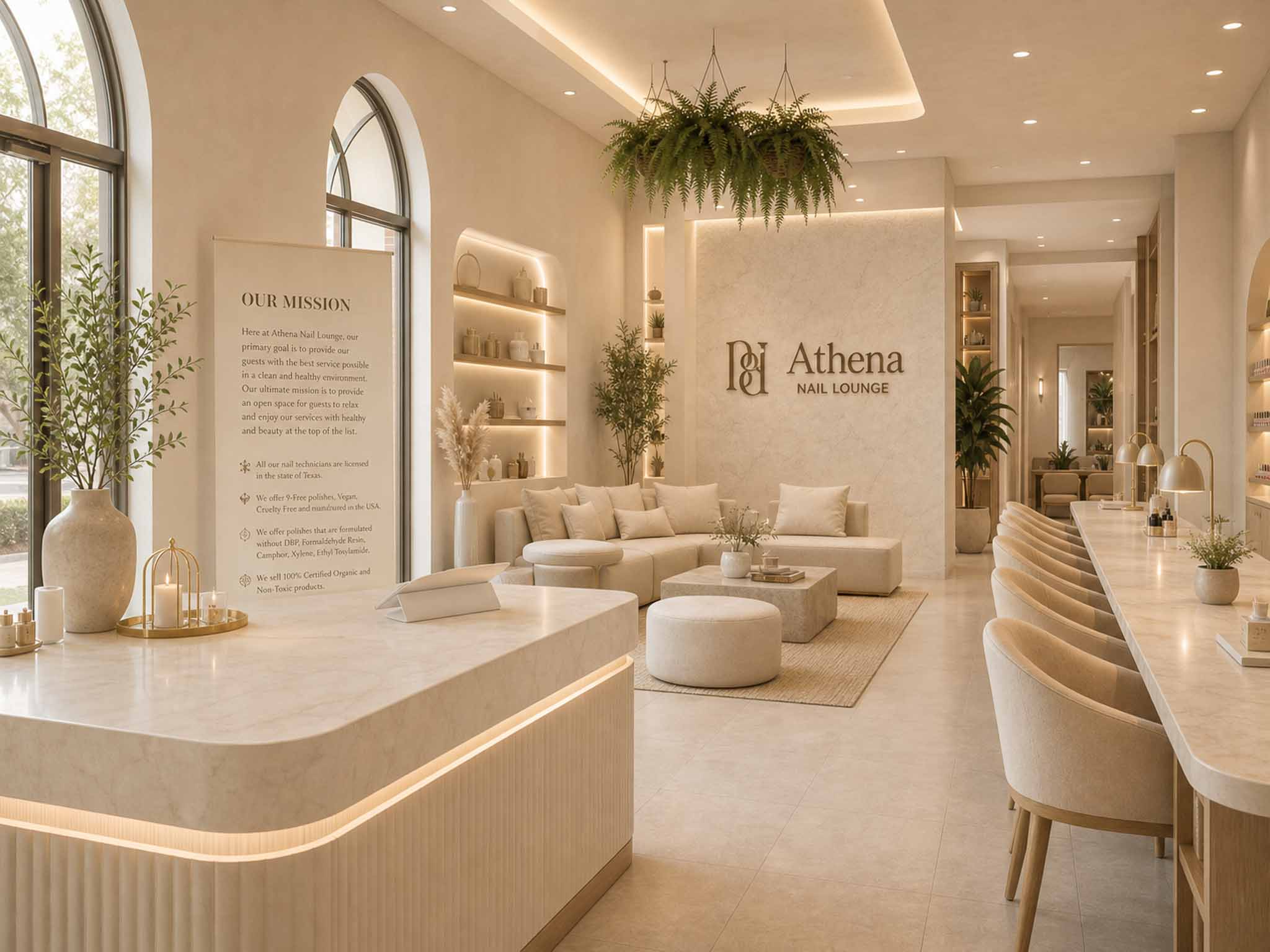 Mission lounge view rendered in Athena's clean-luxury style