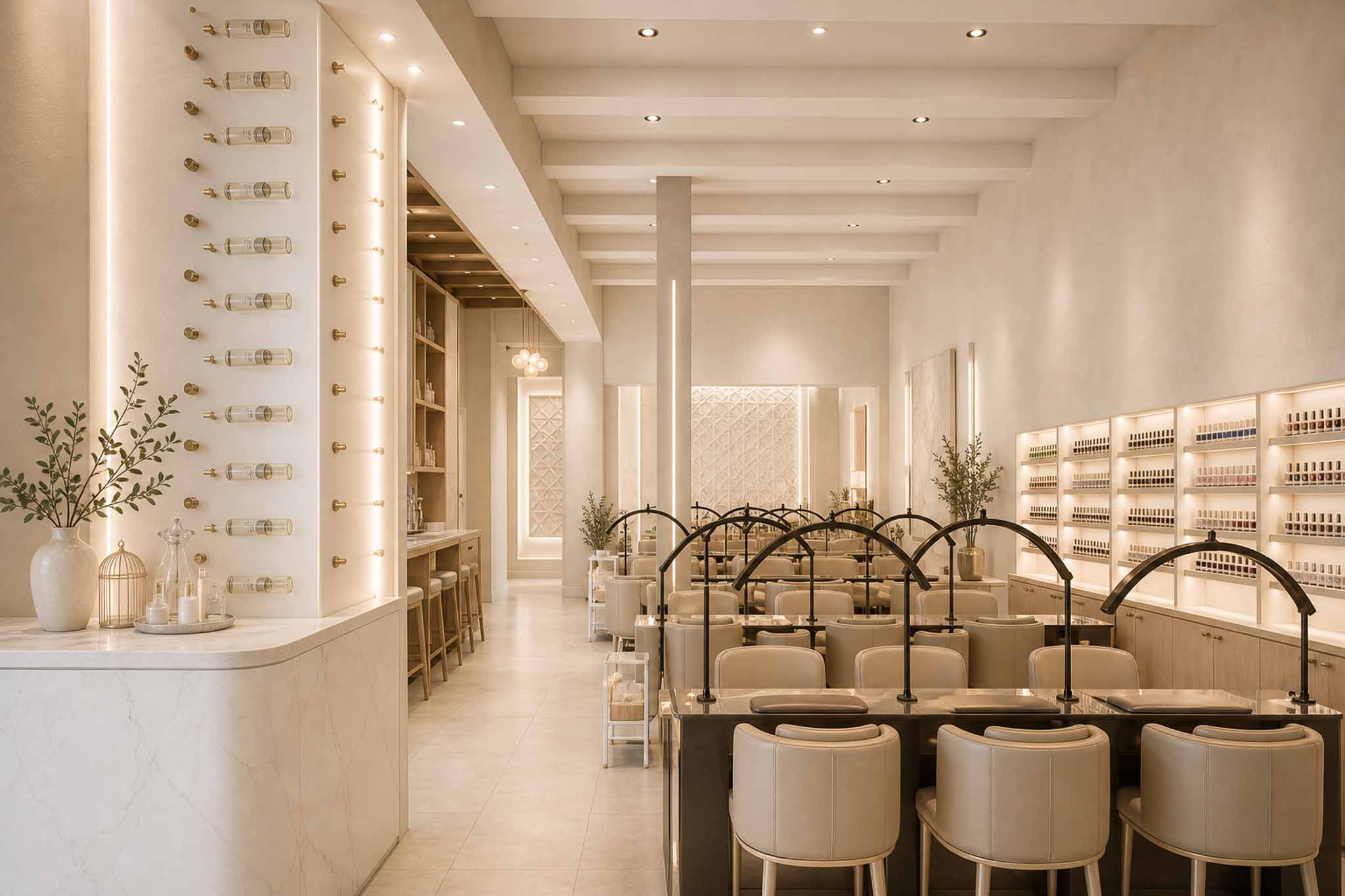 Main salon depth view rendered in Athena's clean-luxury style
