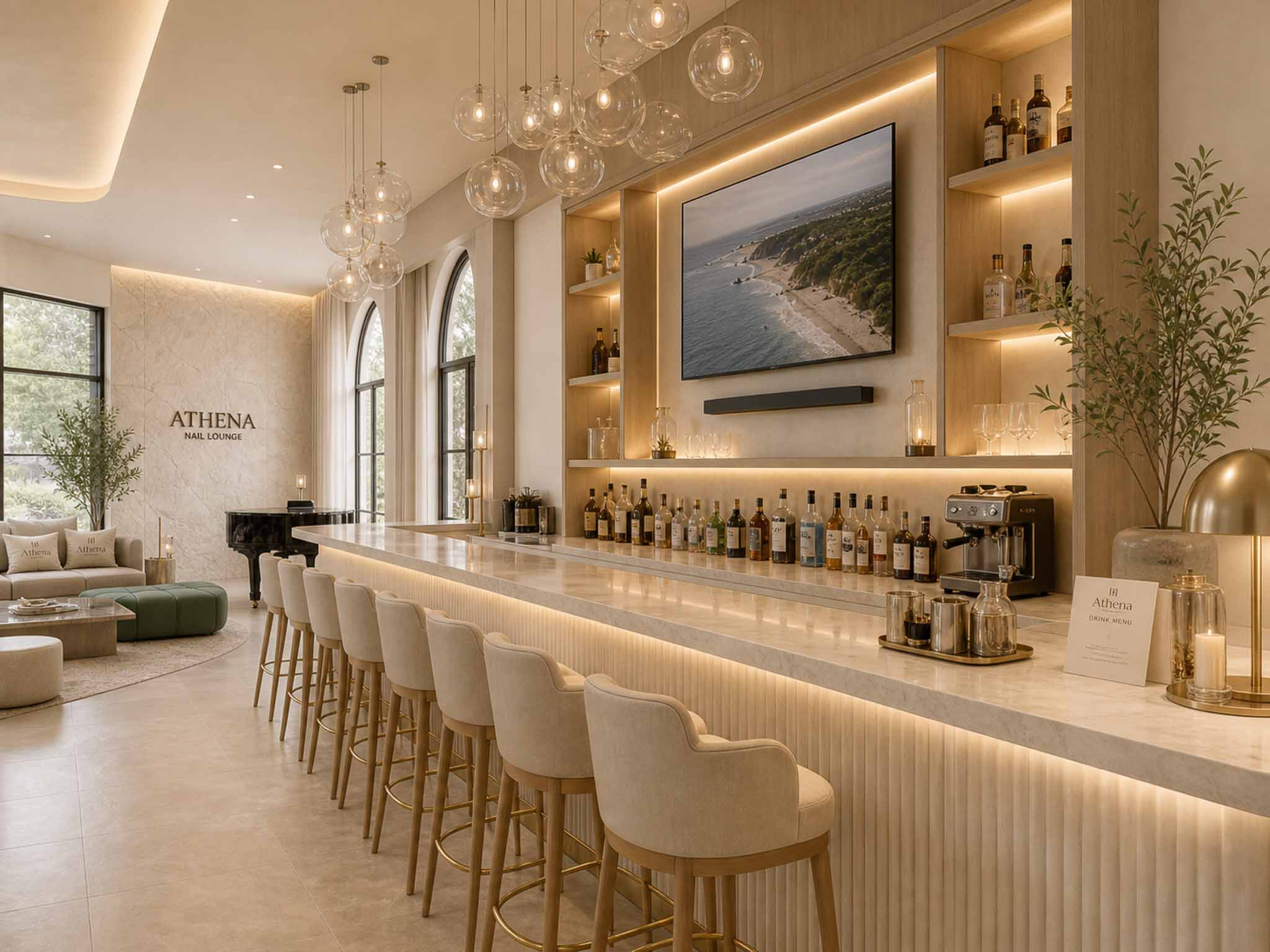 Athena lounge atmosphere with sculptural seating and warm architectural glow